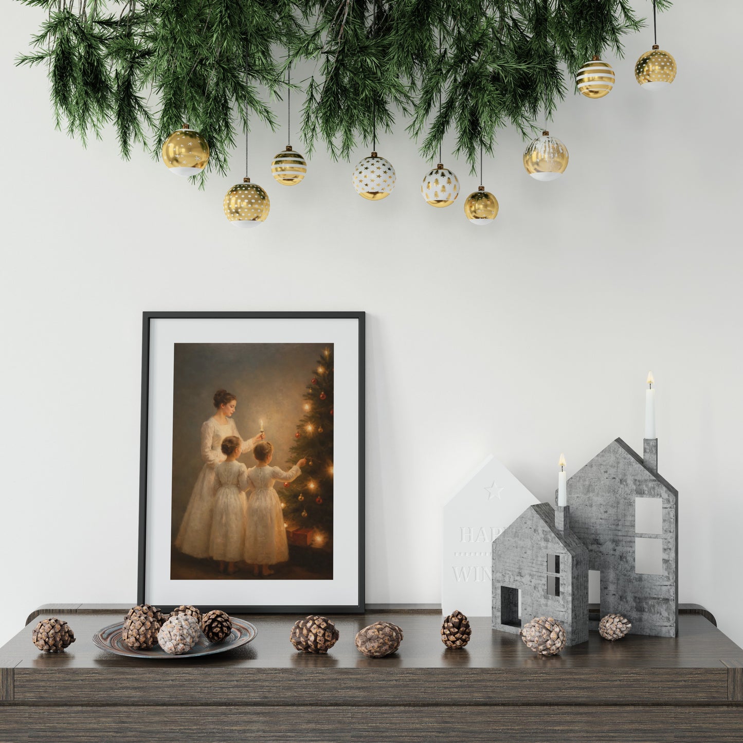 Festive Victorian-era holiday art print for charming home decor