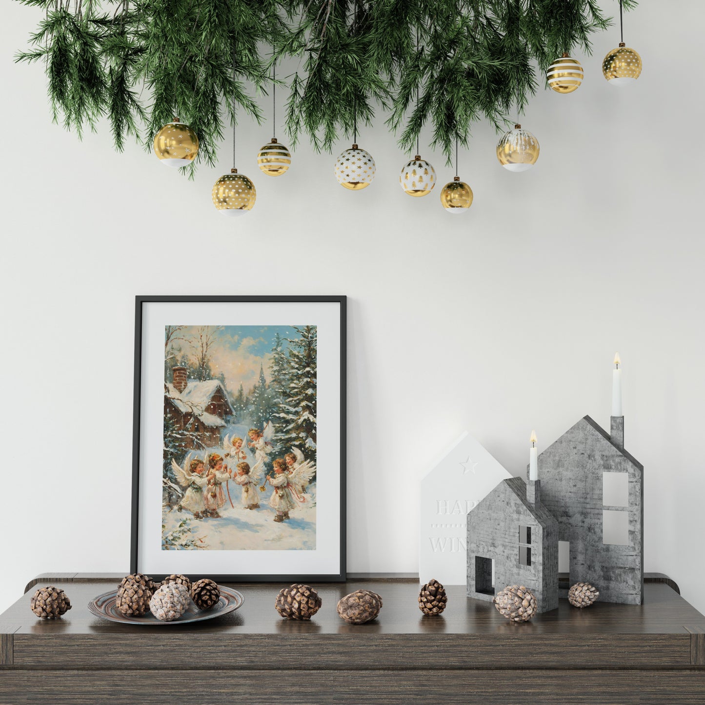 Charming winter wall decor showcasing playful elves and angels celebrating the season.