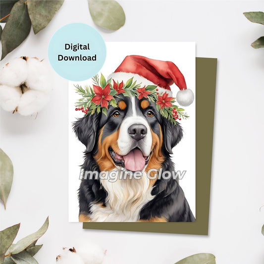 Printable Christmas card featuring a Bernese Mountain Dog.