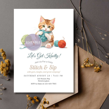 Editable Knitting Party Invitation Template featuring a kitten playing with yarn.