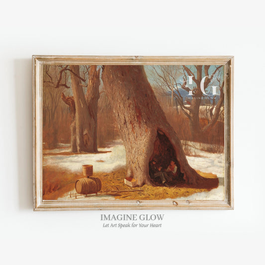 Timeless vintage painting of boys in a tree cave, perfect for nostalgic wall decor.