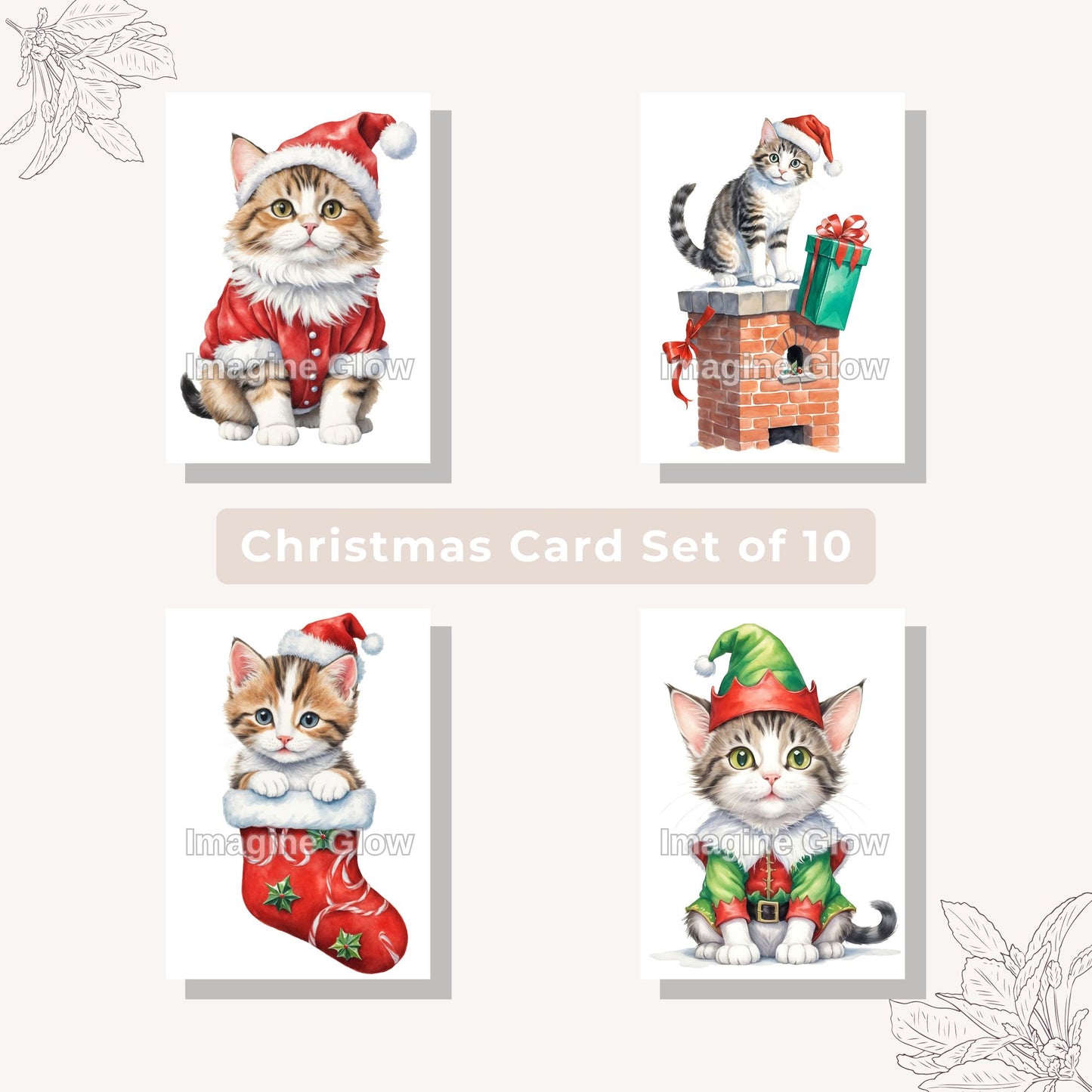 Set of 10 printable cat Christmas cards featuring pets in costume A.