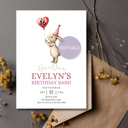 Editable bunny birthday invitation template with customizable balloon number.