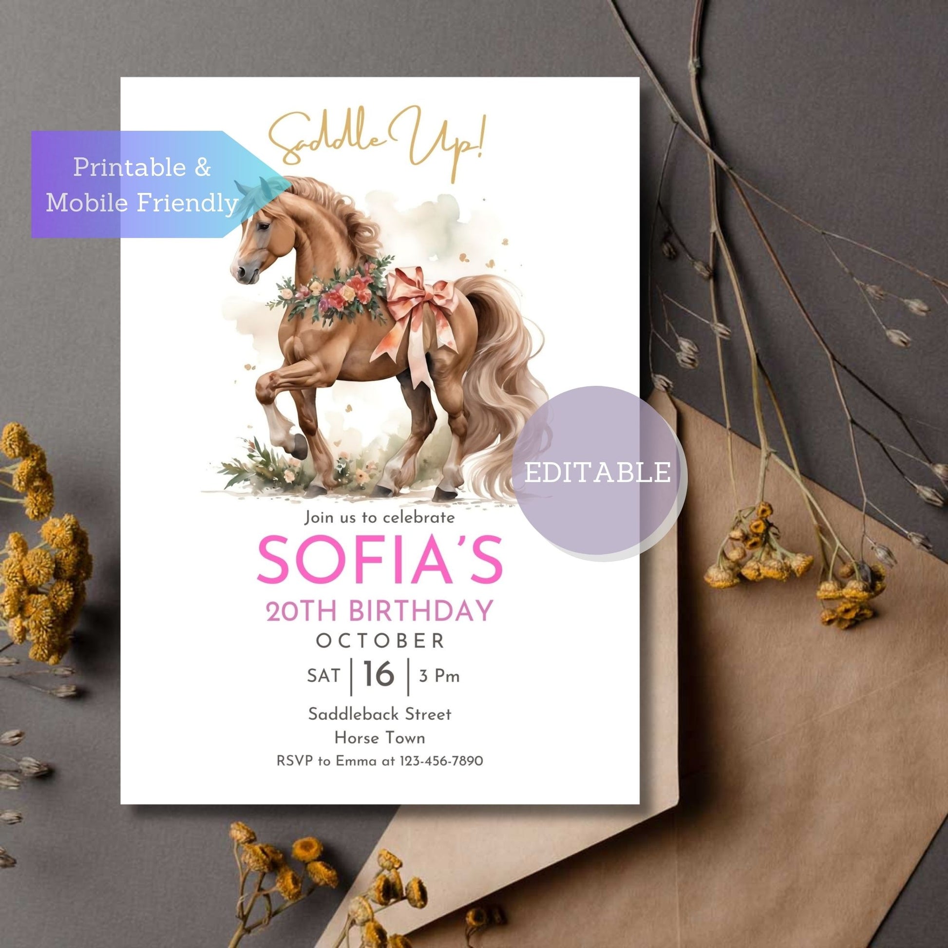 Customizable horse birthday invitation template in Canva.