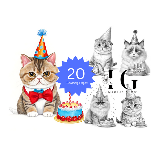 20 Cute Cat and Cake Digital Coloring Pages