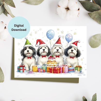 Charming Old English Sheepdog Christmas card with festive holiday decorations