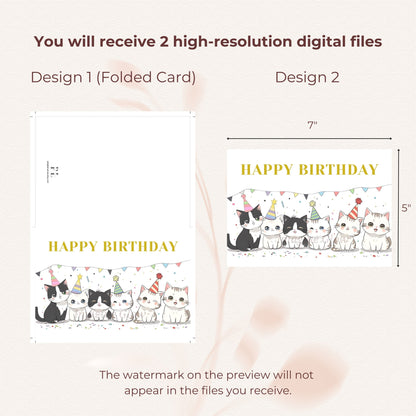 Birthday greeting card with cute cat designs, perfect for celebrating a special day.