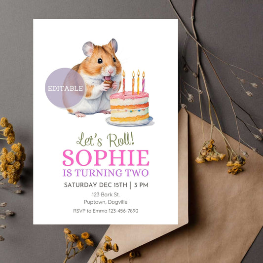 Customizable Hamster Birthday Invitation with Cake - Printable Party Invite Template