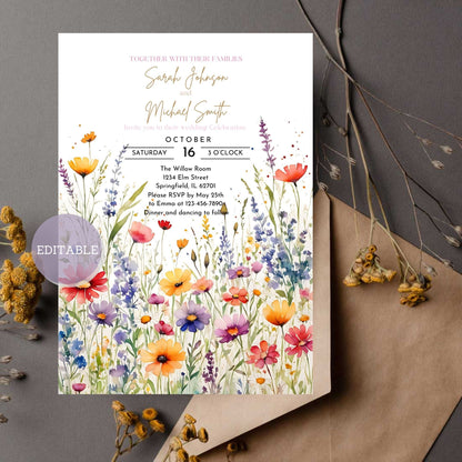 Customizable wildflower wedding invitation template for personal editing.