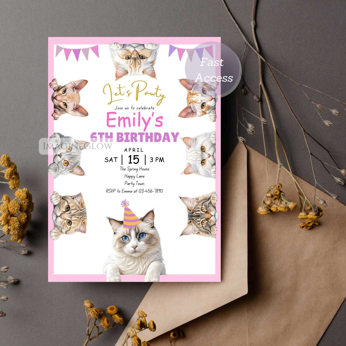 Cat Themed Birthday Invitation - Cute Kitten Party Invite - Girl Birthday