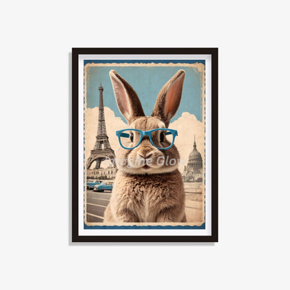 Printable retro travel poster featuring a rabbit wearing glasses