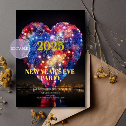 Editable 2025 New Year's Eve Fireworks Invitation Template