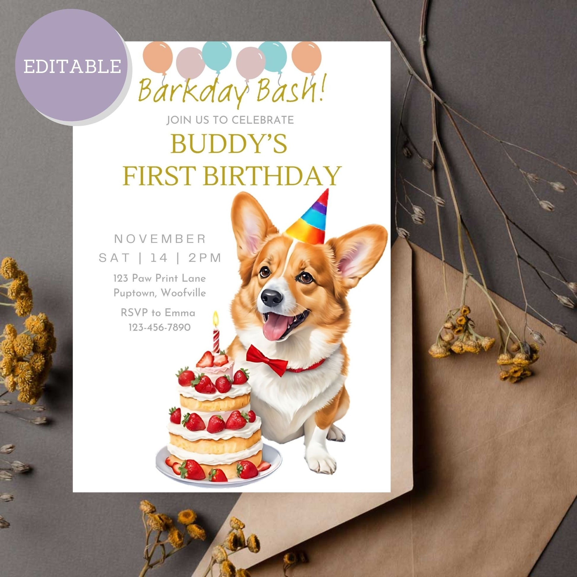 Customizable Welsh Corgi birthday invitation template, printable and editable