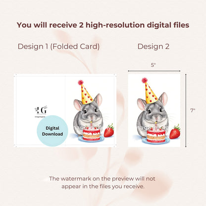 Printable chinchilla greeting card for birthdays, available as a digital download.
