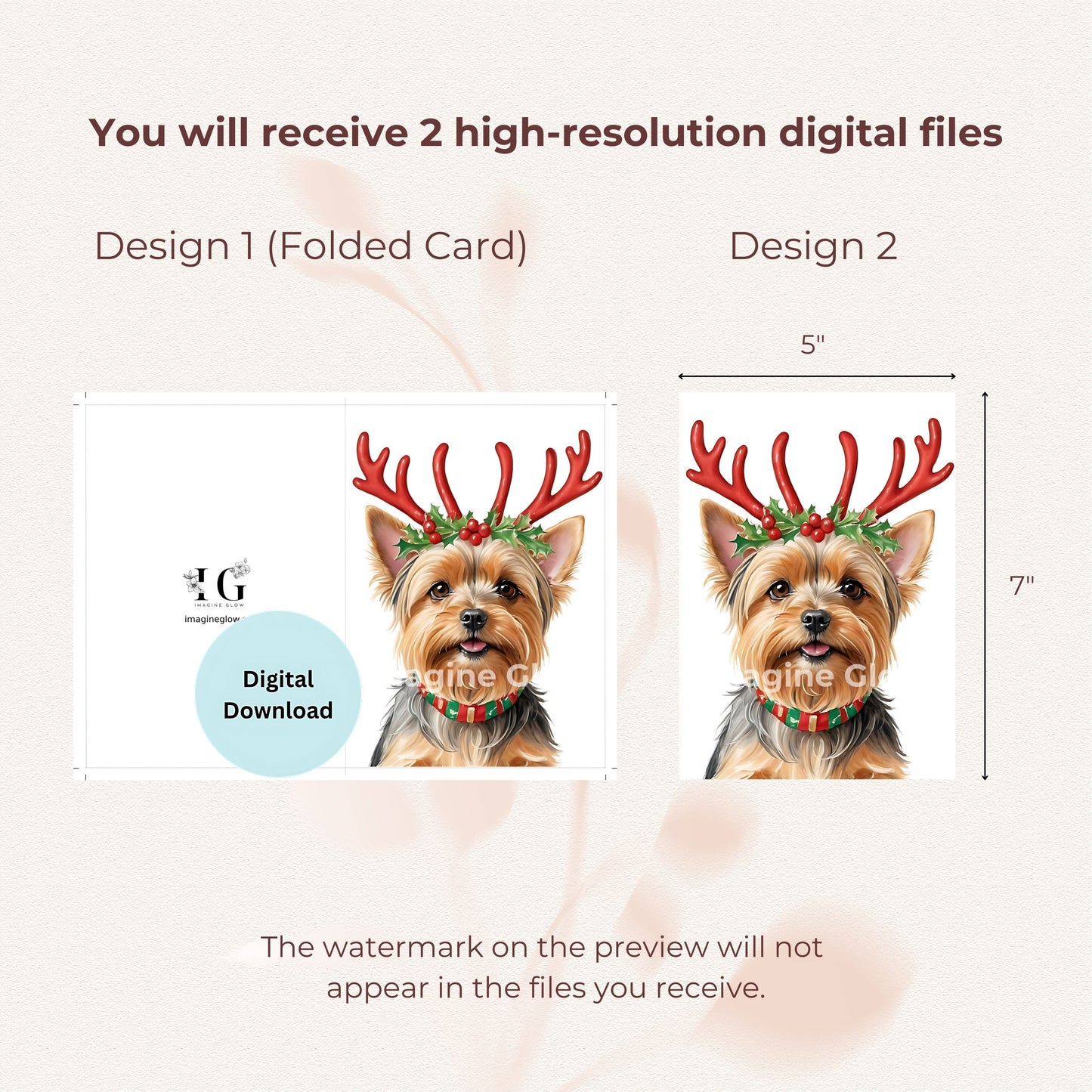 Printable dog festive card showcasing an adorable Yorkshire Terrier.
