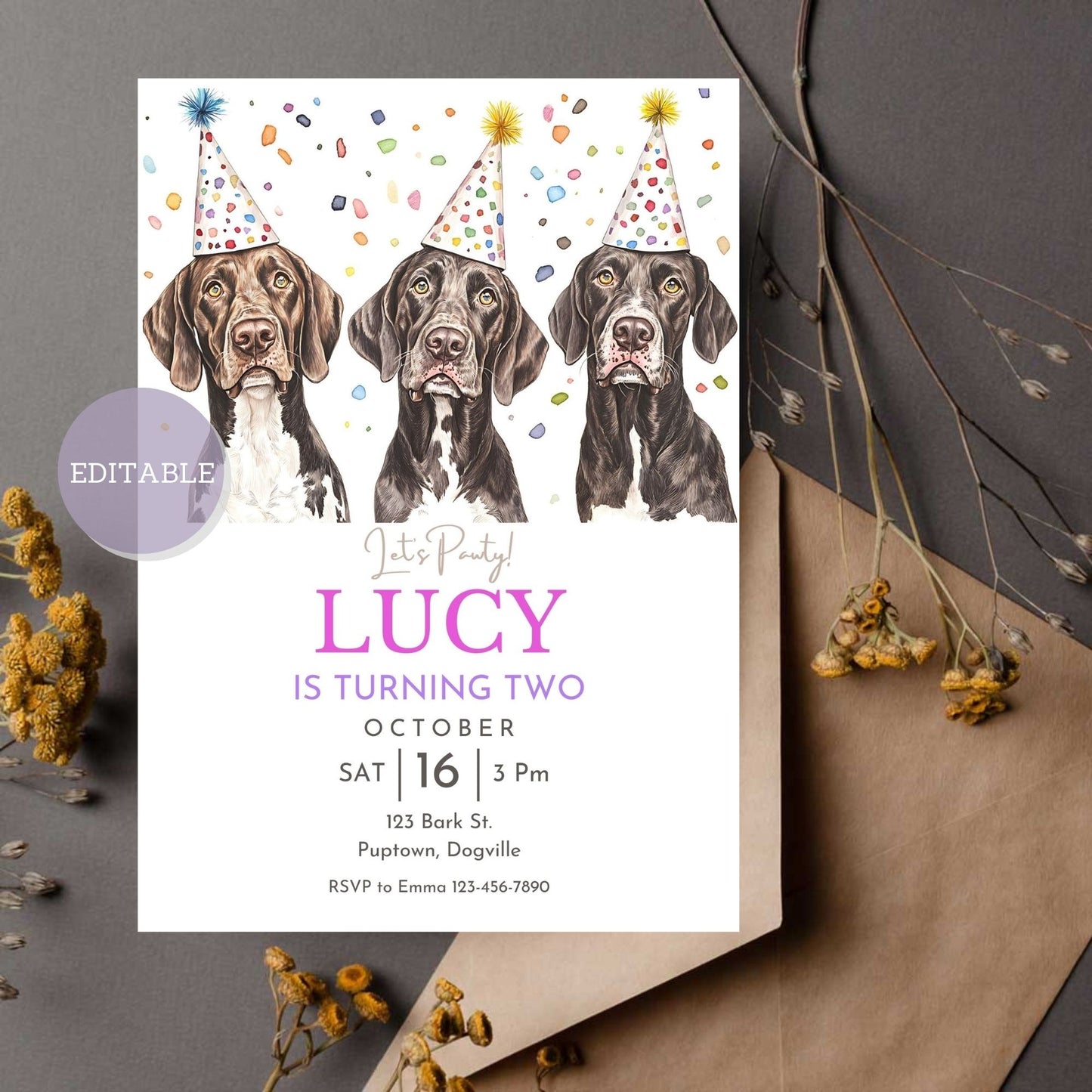 Custom German Shorthaired Pointer dog birthday invitation, editable in Canva.