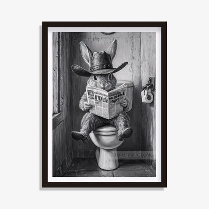 Rabbit Sitting on Toilet Print - Funny Bathroom Wall Decor