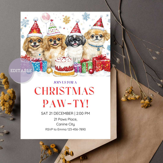 Customizable Pekingese Christmas Party Invitation Template with festive dog design - Editable in Canva, perfect for holiday events.