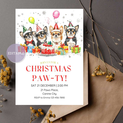 Customizable Chihuahua dog Christmas party invitation template for festive celebrations.