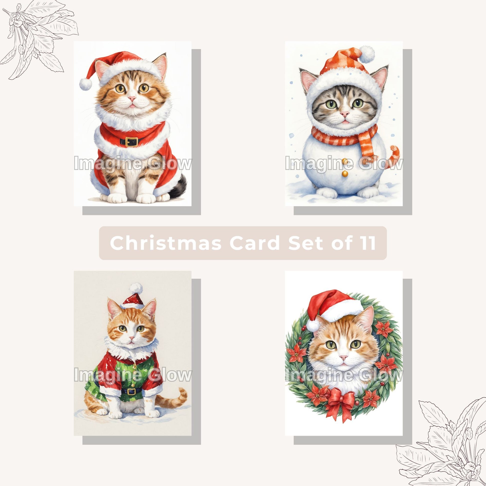 Printable cat Christmas card set featuring pets in costume F, set of 11.