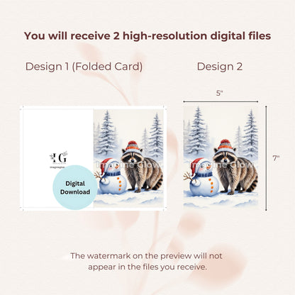 Printable Christmas card showcasing a playful raccoon, ideal for seasonal wishes.