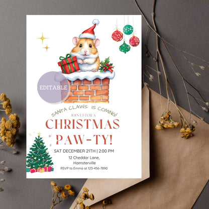 Editable Hamster Christmas Invitation featuring a cute holiday theme - Digital download, ready to personalize for your event.