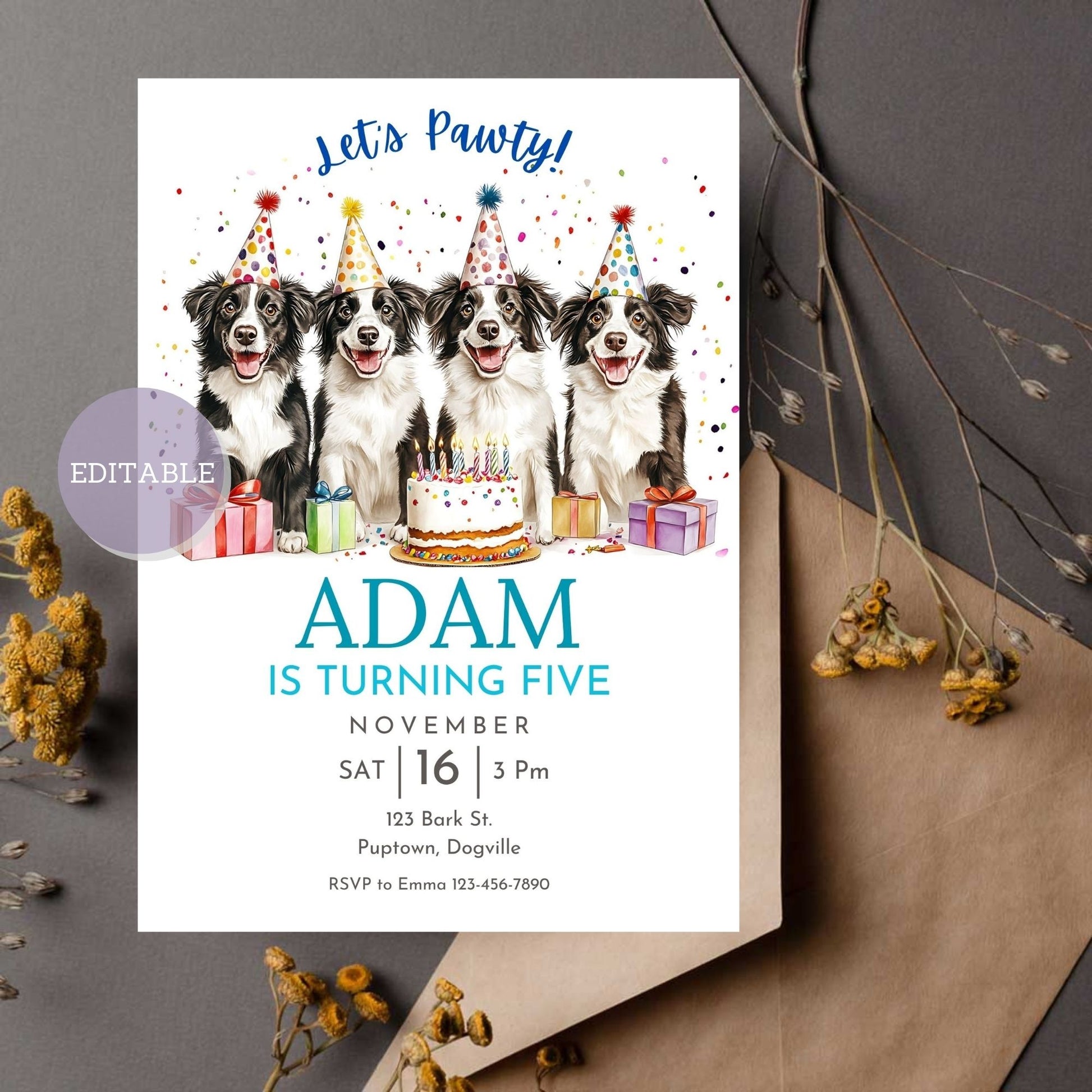 Custom Border Collie dog birthday invitation template, editable in Canva.