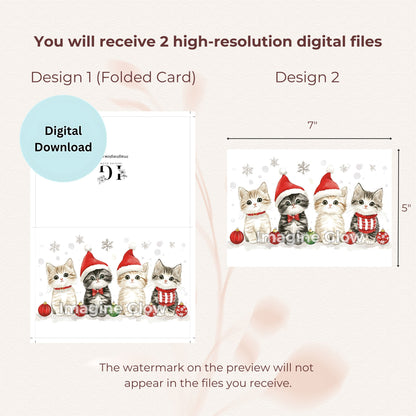 Printable set of 10 Cat Christmas cards with adorable pet designs.