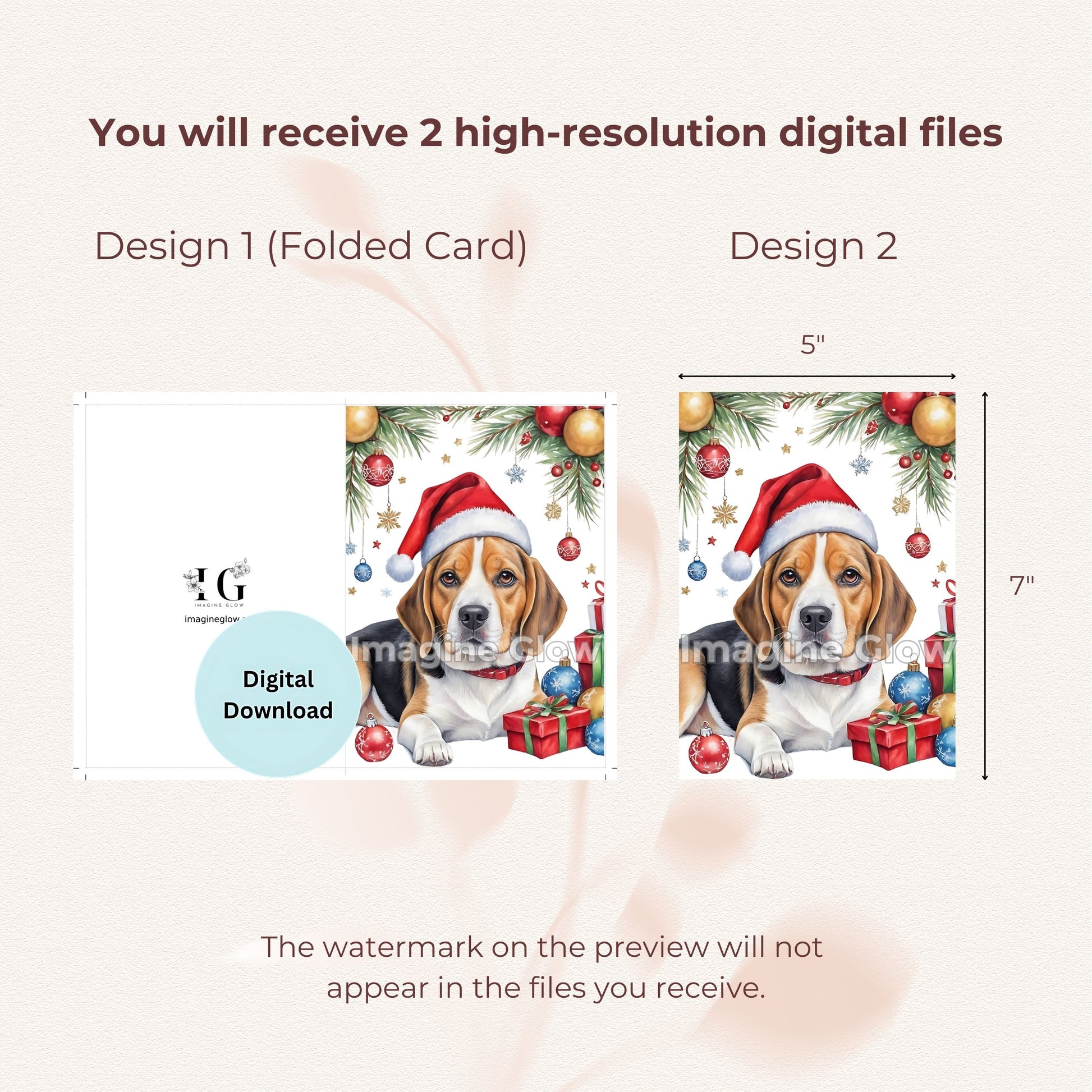 Festive dog-themed Christmas card featuring a Beagle, available as a printable.