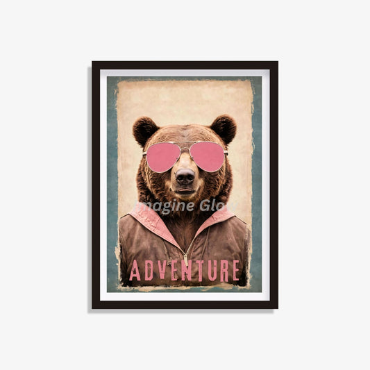 Printable retro poster featuring a bear wearing pink sunglasses.