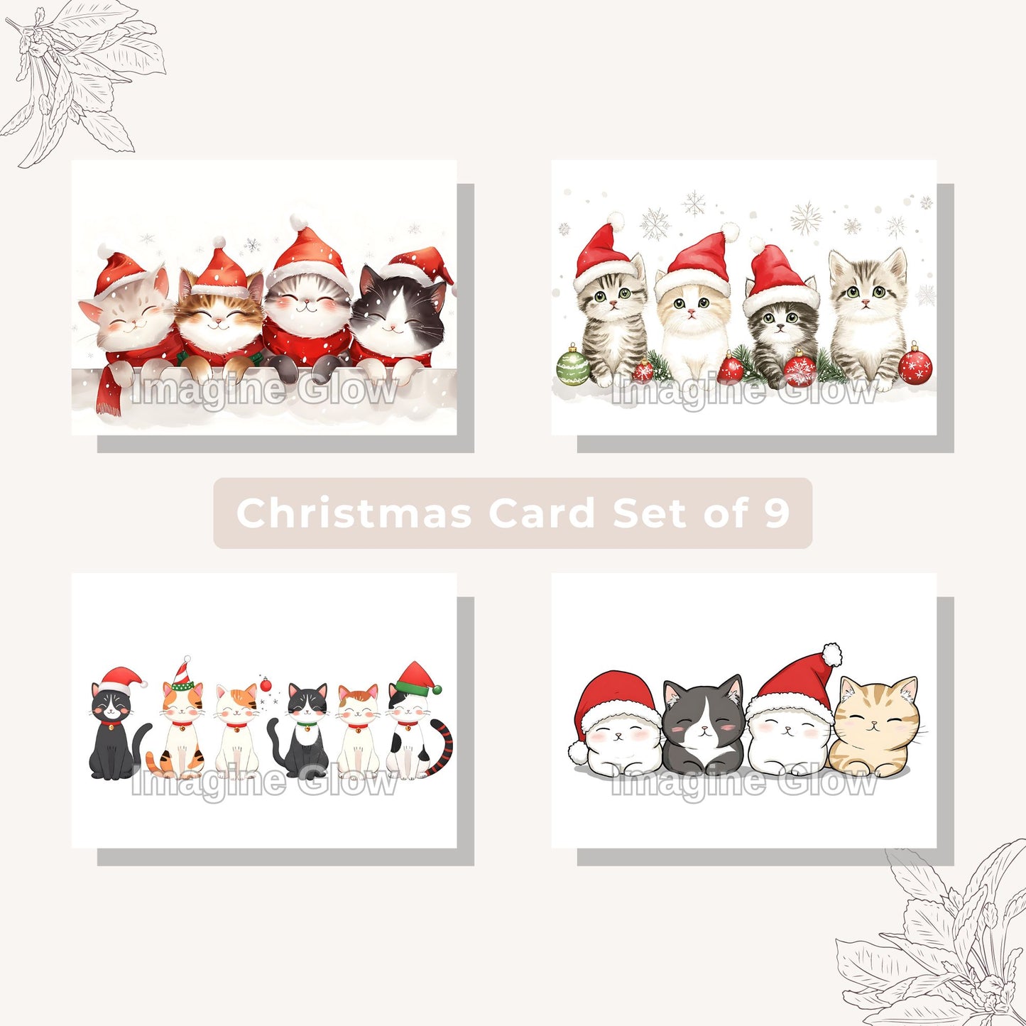 Printable Cat Christmas Card Set A featuring 9 unique pet holiday cards.