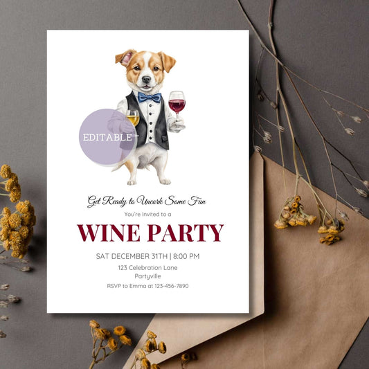 Editable wine party invitation template for wine tasting events, featuring elegant design and customizable text.