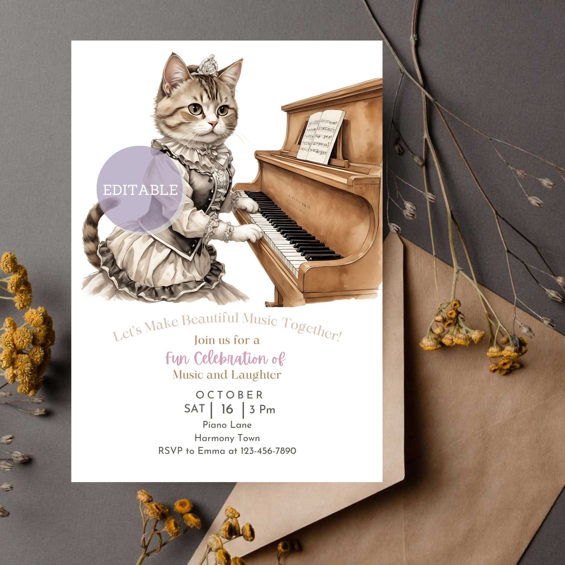 Customizable kitten music party invitation template featuring a piano design.
Printable and editable music-themed invitation with a cute kitten and piano.