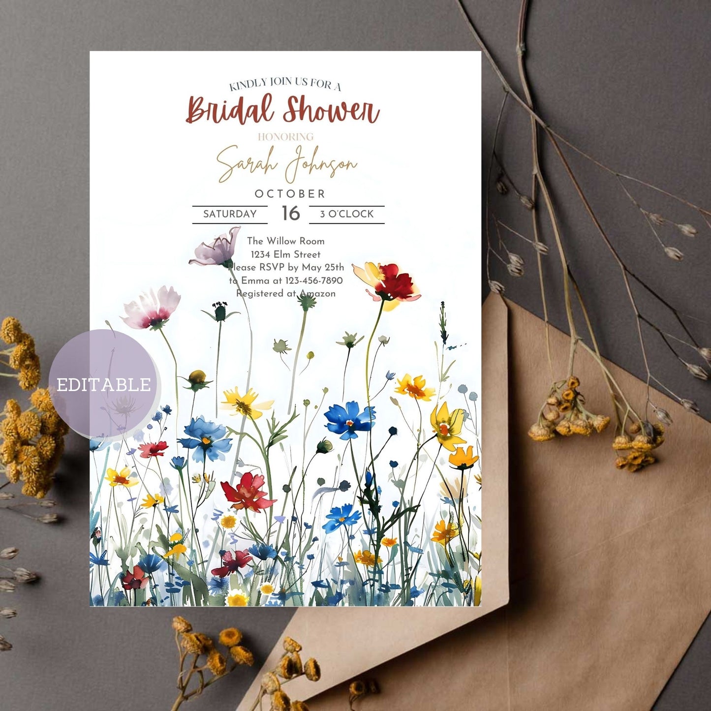 Printable wildflower bridal shower invitation featuring colorful flowers - perfect for a garden or outdoor-themed celebration.