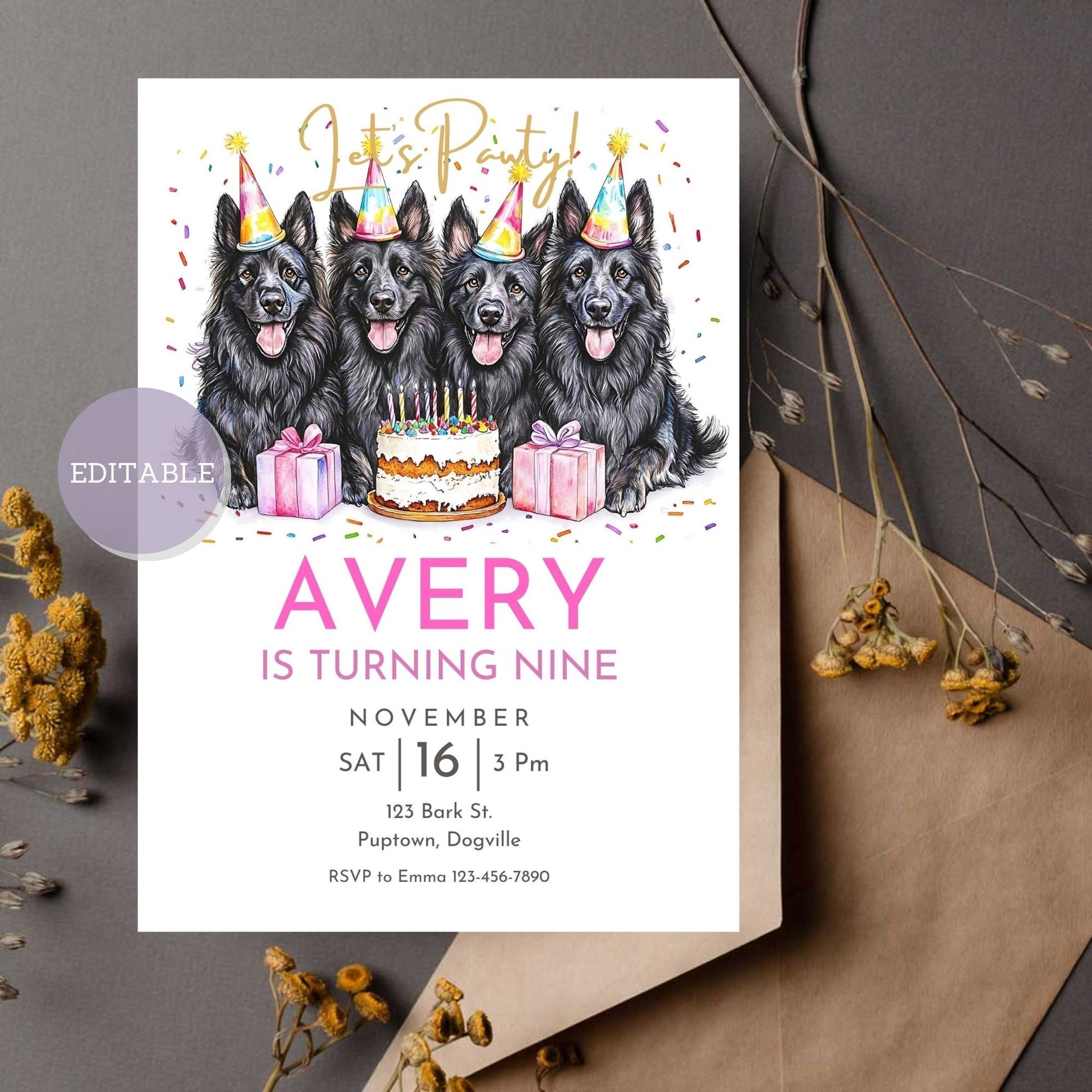 Custom Belgian Sheepdog birthday invitation template for dog lovers.