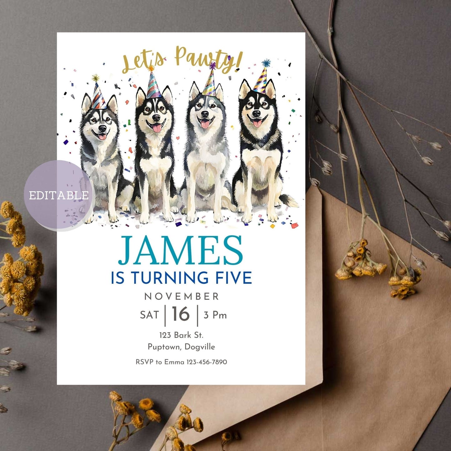 Customizable Siberian Husky dog birthday invitation template.