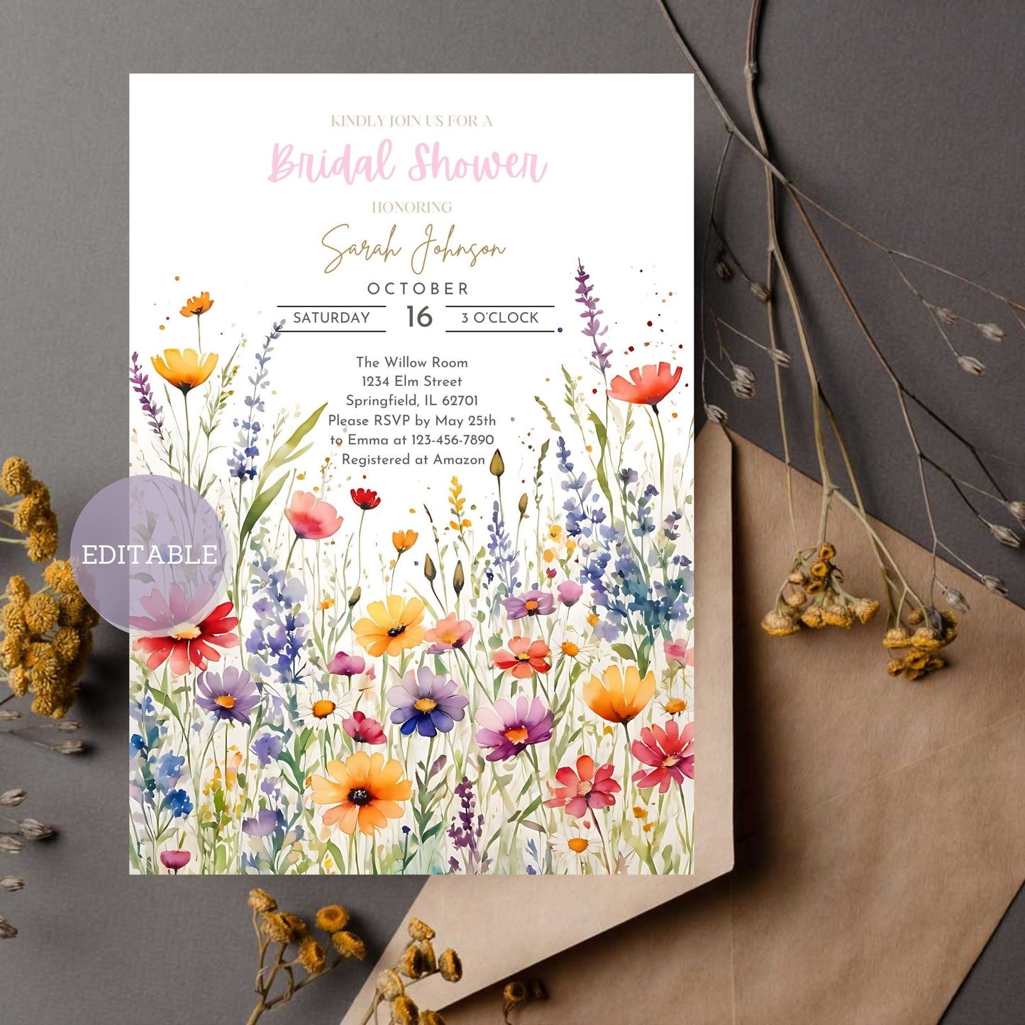 Custom wildflower bridal shower invitation template with vibrant floral illustrations - printable and editable for digital download.