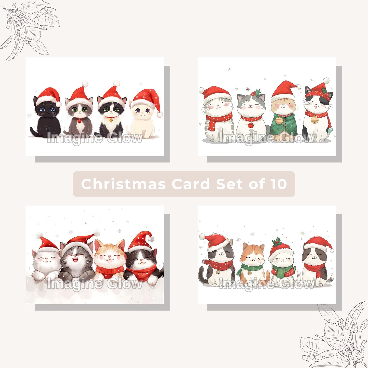 Printable Cat Christmas Card Set E featuring 10 unique pet holiday cards.