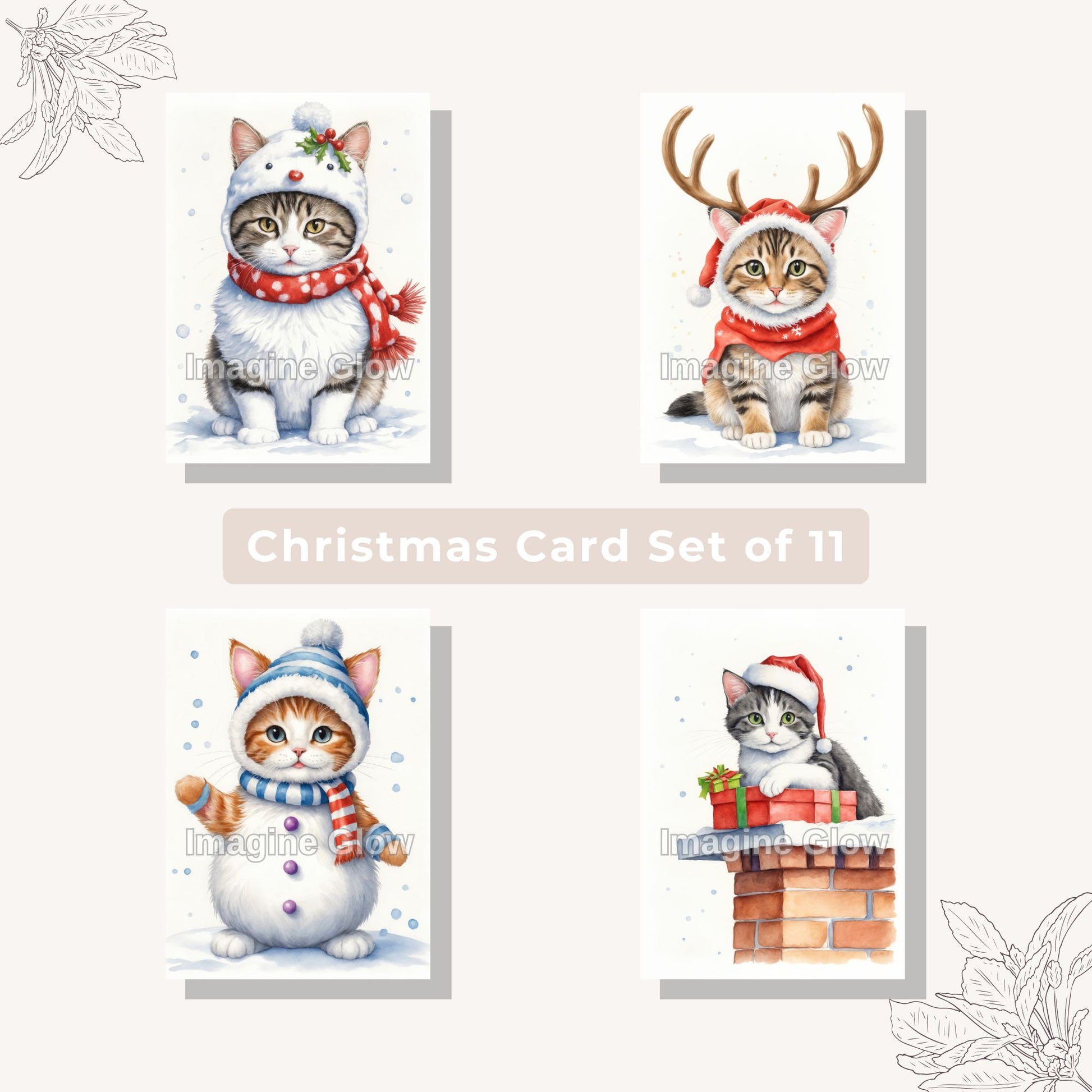 Printable cat Christmas card set featuring pets in costume C, set of 11.