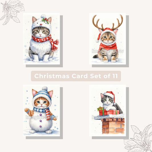 Printable cat Christmas card set featuring pets in costume C, set of 11.