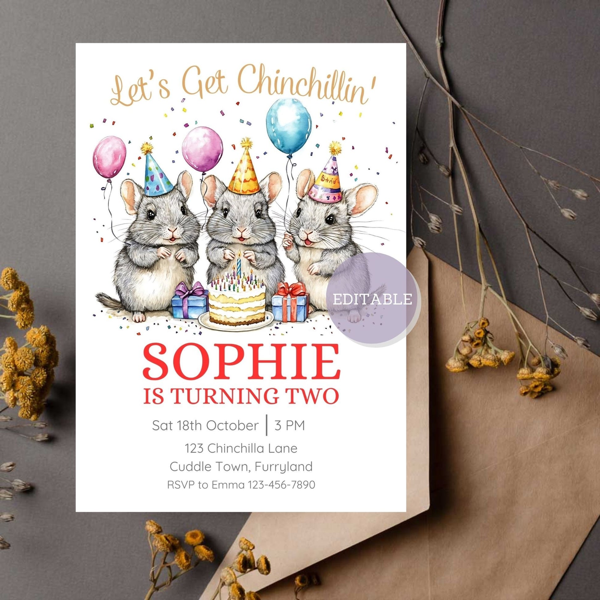 Printable birthday invitation template with chinchilla graphics, editable and ready for your celebration.