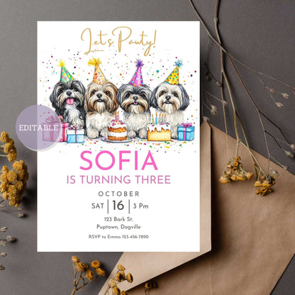 Editable Shih Tzu birthday invitation template, customizable and printable.