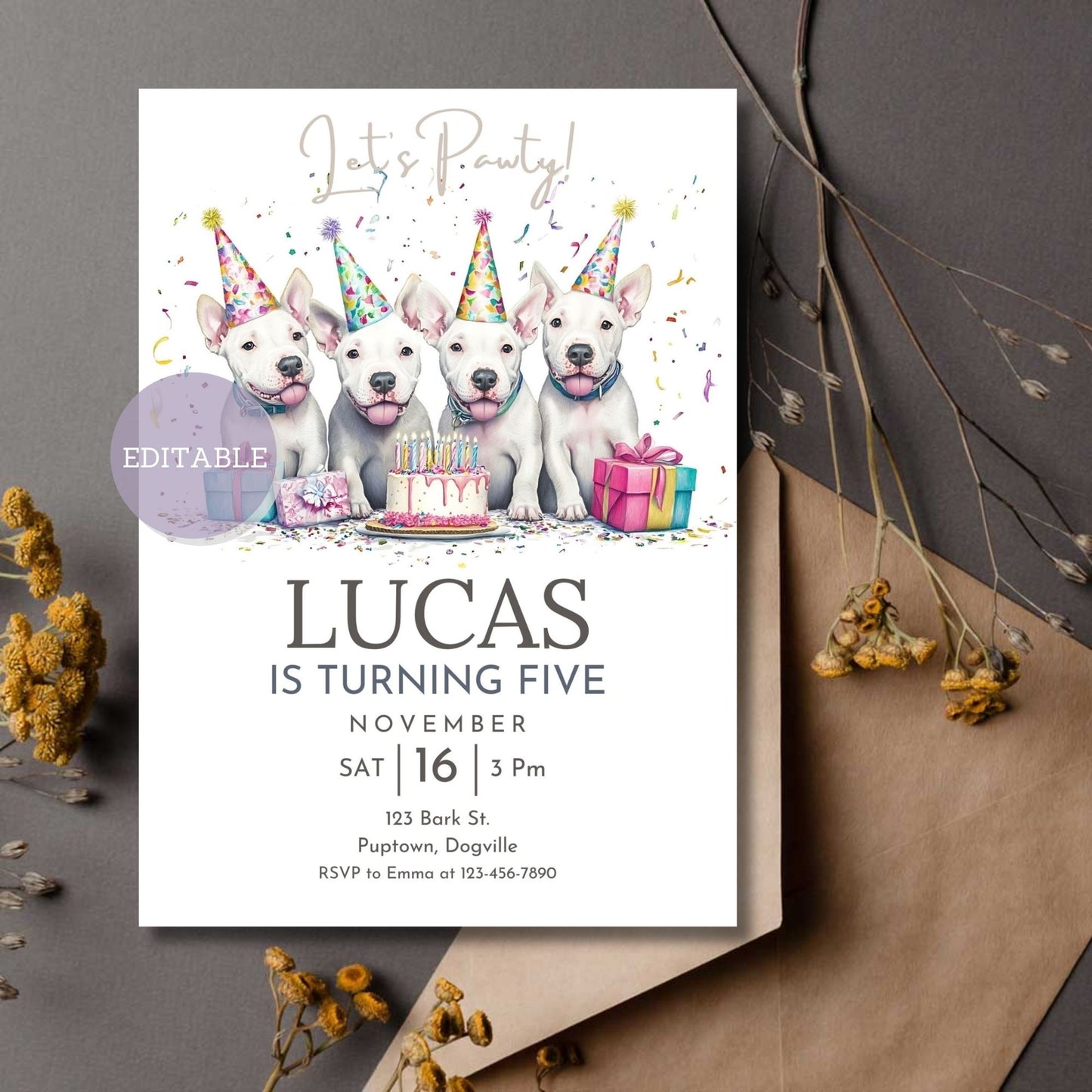 Custom Bull Terrier dog birthday invitation with playful design.
