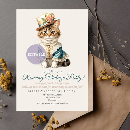 Customizable vintage party invitation kitten template for cat lovers.