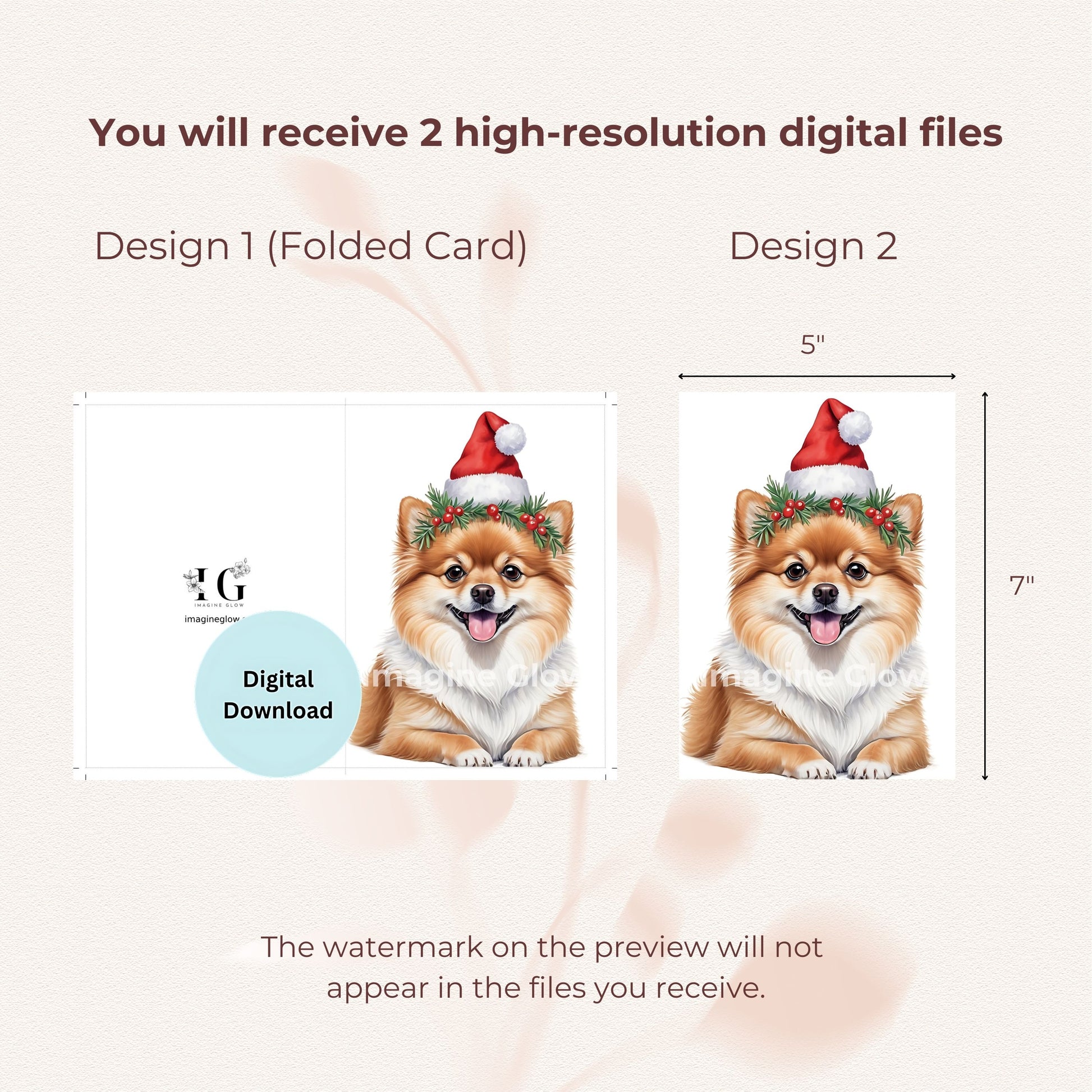 Printable festive dog Christmas card with a fluffy Pomeranian.
