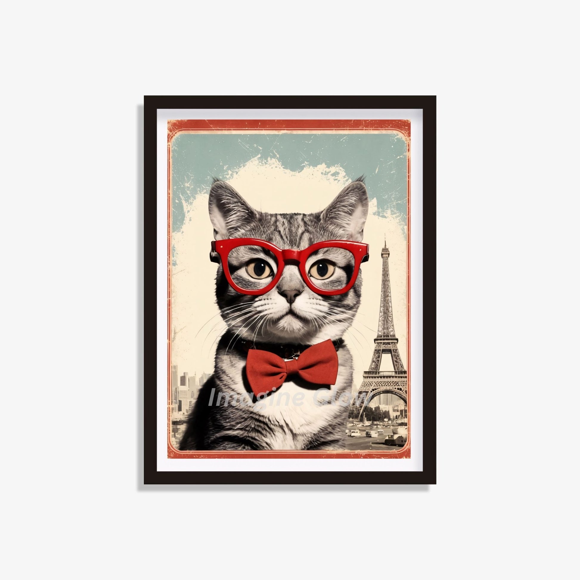 Retro travel poster featuring a Cat wearing red glasses for a stylish touch.