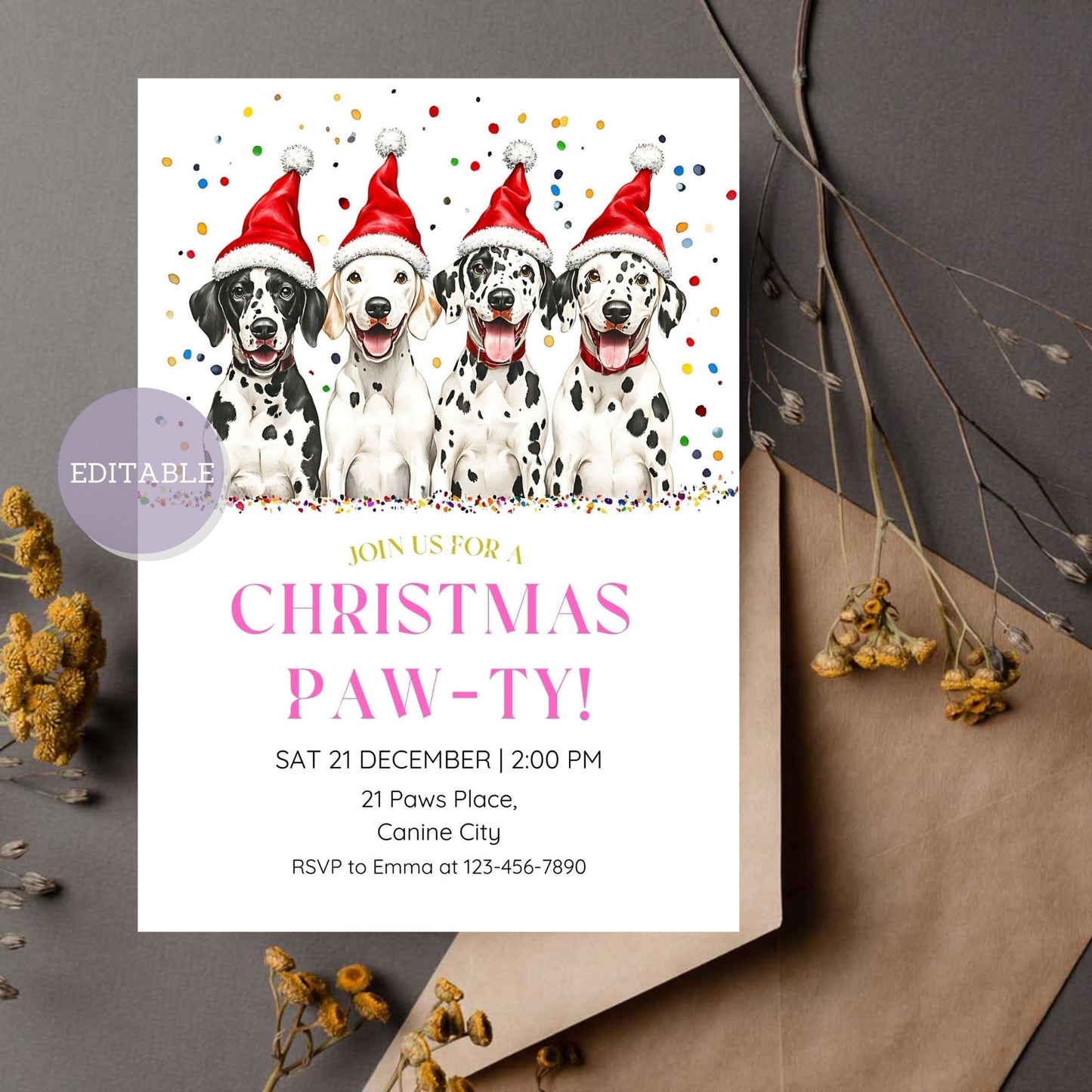 Customizable Dalmatian Christmas party invitation template.