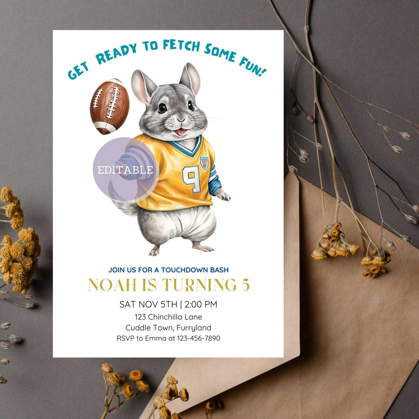 Printable football-themed birthday invite featuring a fun chinchilla, perfect for a kid party.