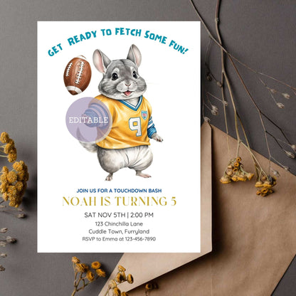 Printable football-themed birthday invite featuring a fun chinchilla, perfect for a kid party.