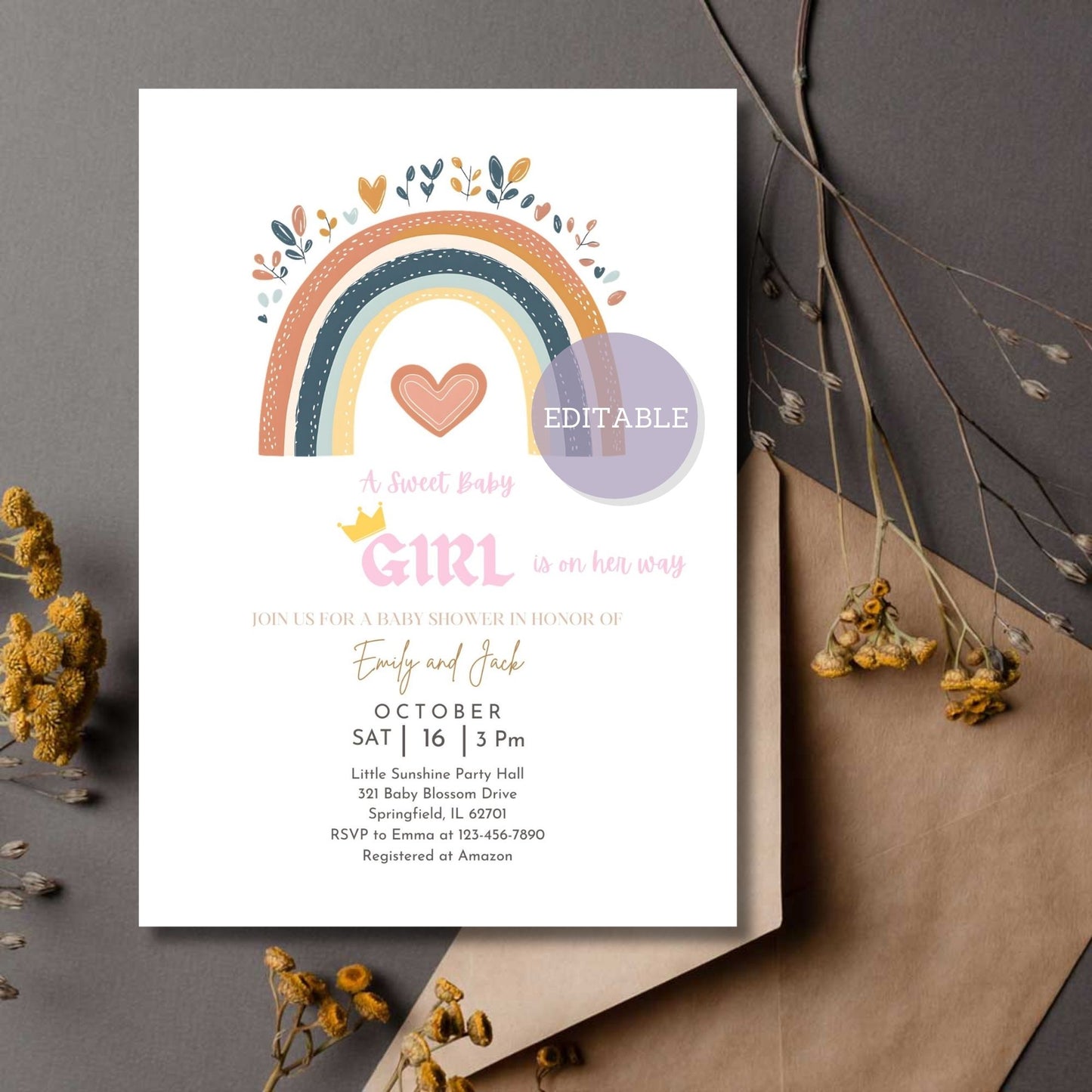 Boho Rainbow Baby Shower Invitation - Heart and Rainbow Design - Editable Printable Party Invite - Canva Template